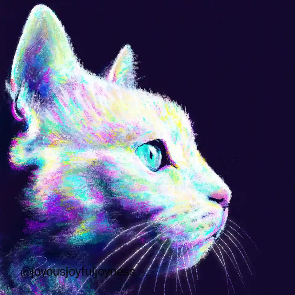 A stylized digital painting of a cat's head in profile against a dark purple background, rendered with vibrant, glowing neon…