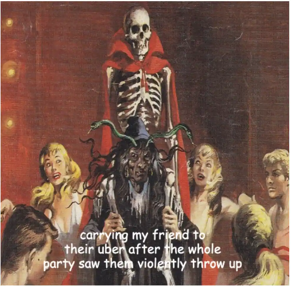 A vintage-style illustration depicts a skeletal figure in a red cloak standing behind a demonic-looking creature with green…