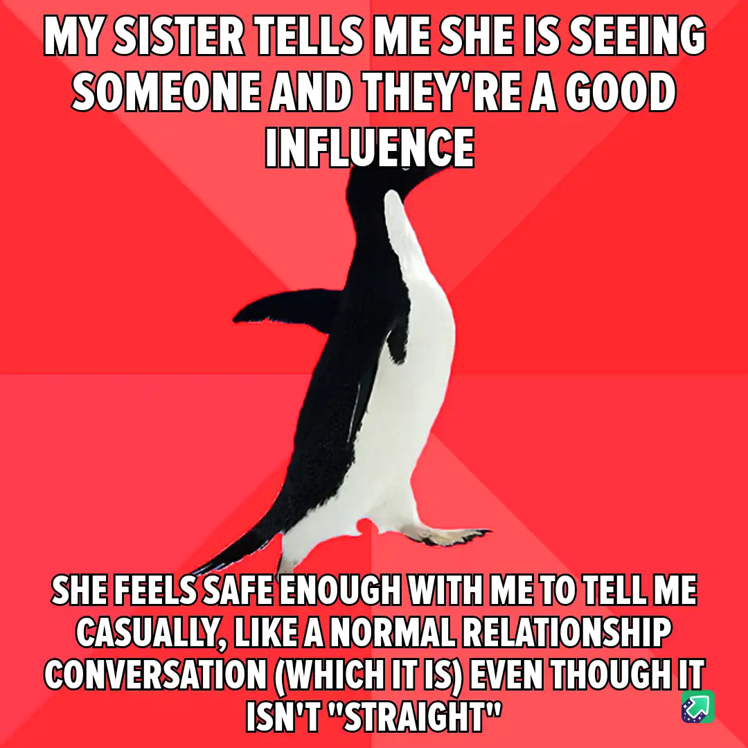 A black-and-white penguin stands upright against a red background with diagonal stripes. The text at the top reads 'MY…