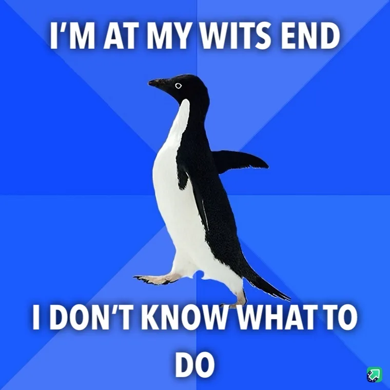 A black-and-white penguin stands against a blue background with diagonal light blue stripes. White bold text at the top…