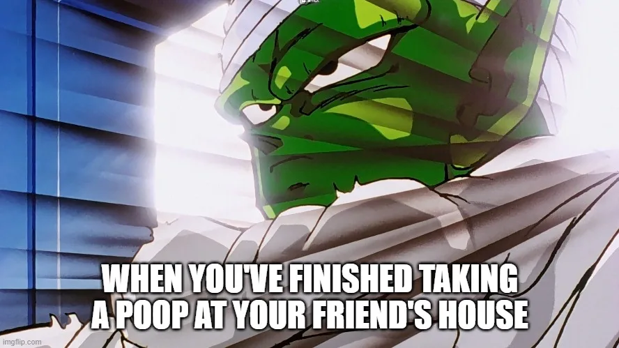 A green-skinned anime character with a stern, angry expression peers out from behind blinds. The overlaid text reads 'WHEN…