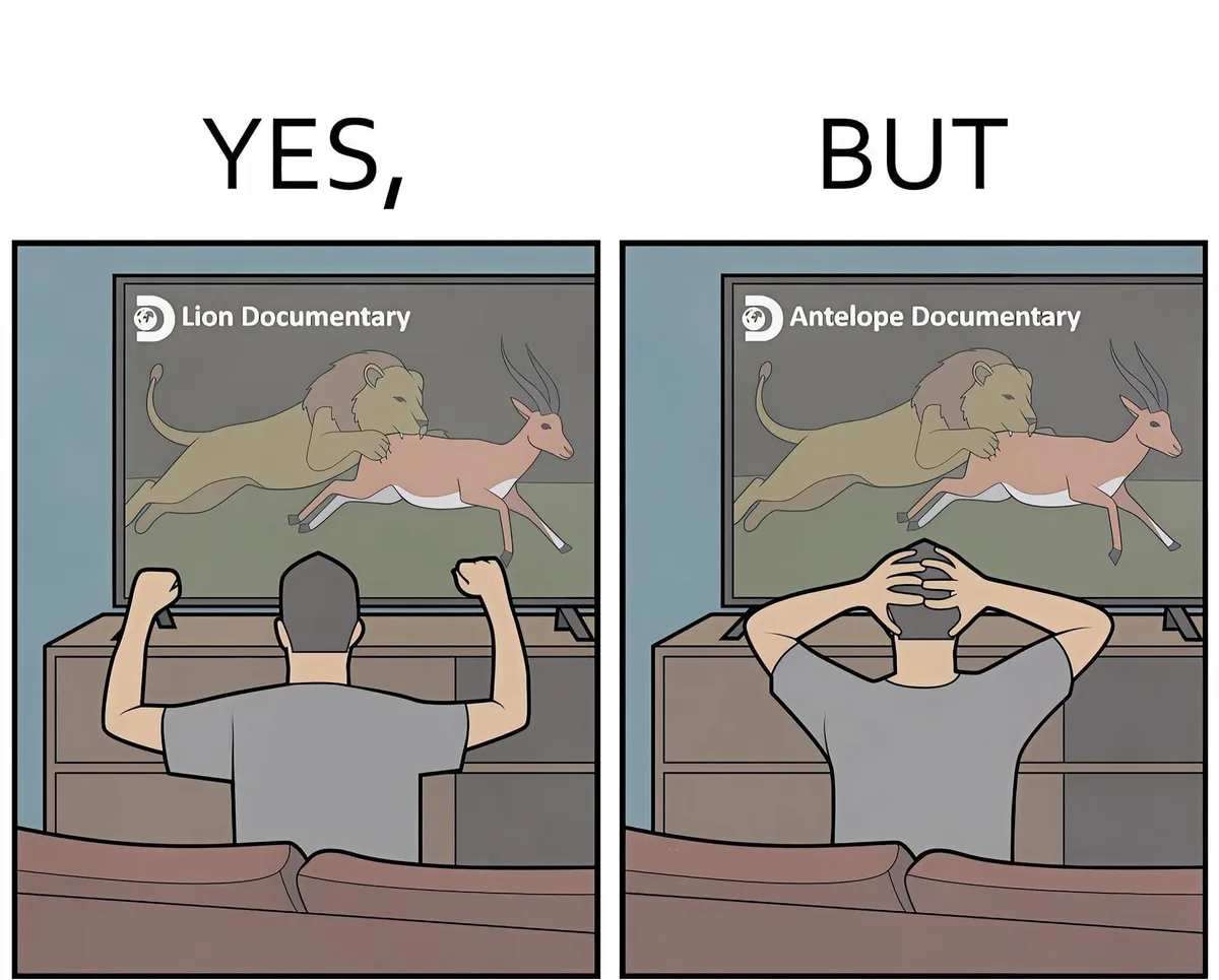 Two panels show a man watching TV. In the left panel, labeled 'YES,', he cheers with fists raised as a lion attacks an…