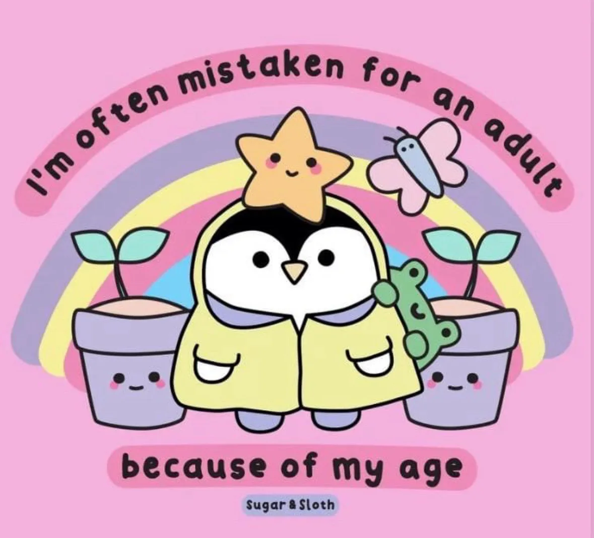 A cute cartoon penguin wearing a yellow raincoat stands in front of a rainbow, holding a green frog plushie, with two…