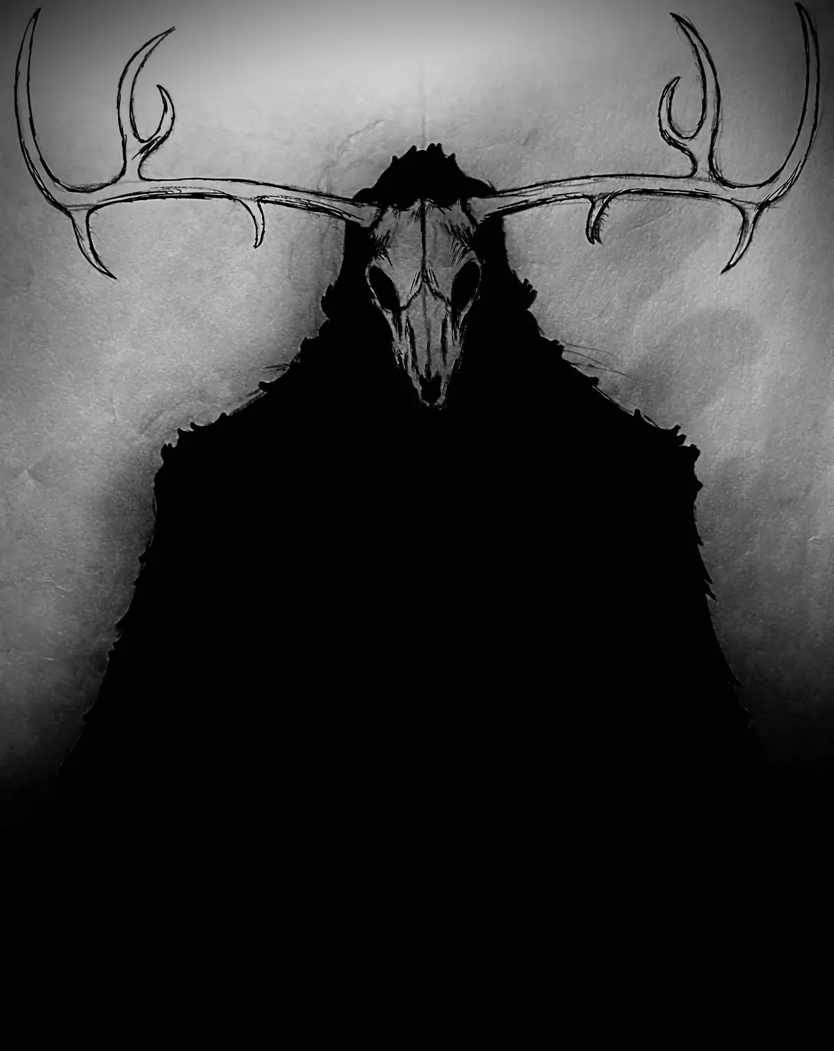 A black-and-white sketch depicts a menacing figure with a deer skull for a head and large antlers, draped in a dark, shadowy…