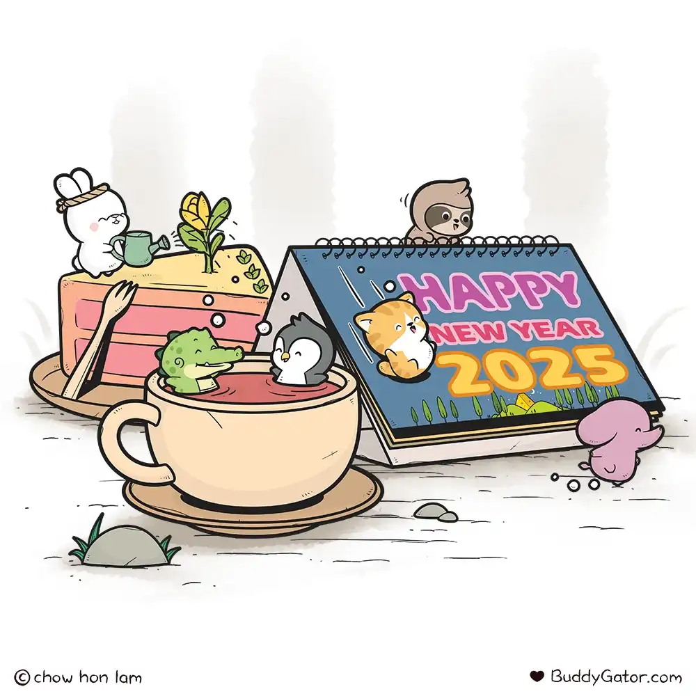 A whimsical cartoon scene features several cute animals celebrating New Year 2025: a sloth peeks over a large calendar with…