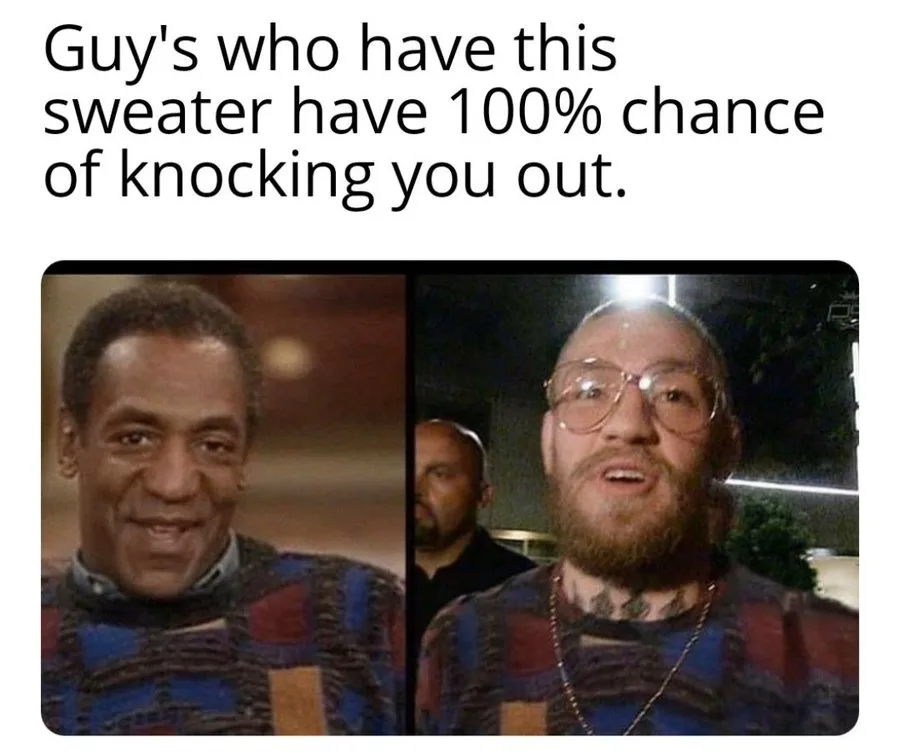 The image shows a split-screen with two men wearing identical blue and red patterned sweaters. The man on the left has a…