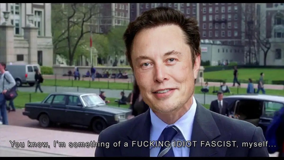 A man in a suit and tie, resembling Elon Musk, is superimposed over a background of a city park with cars and pedestrians…
