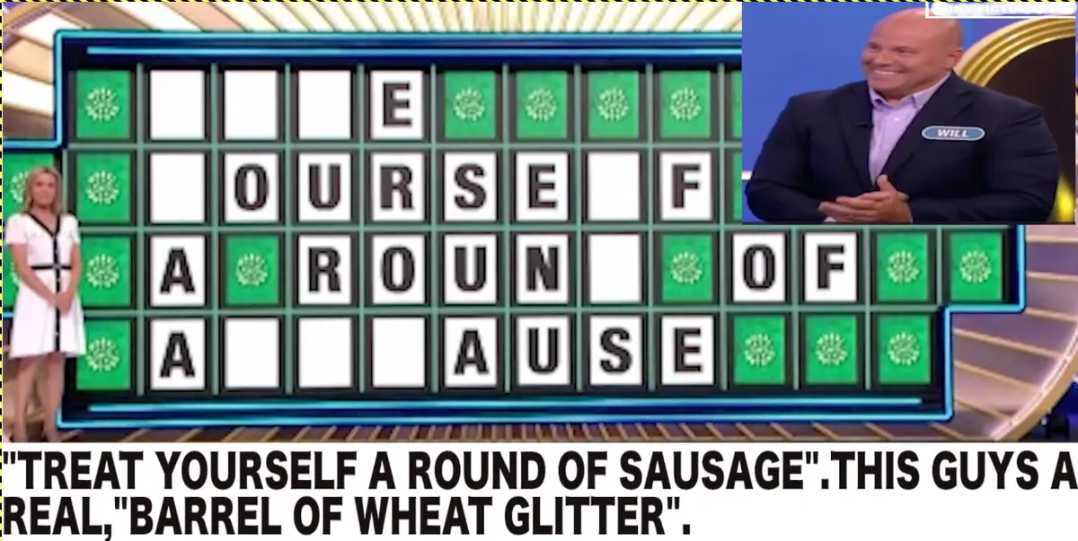 A game show screen displays the partially filled word puzzle "OF COURSE A ROUND OF A [BLANK]" with a smiling contestant…