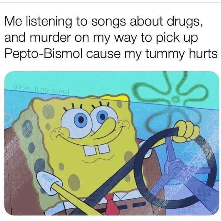 The image shows the cartoon character SpongeBob SquarePants smiling while driving a car, holding the steering wheel with one…
