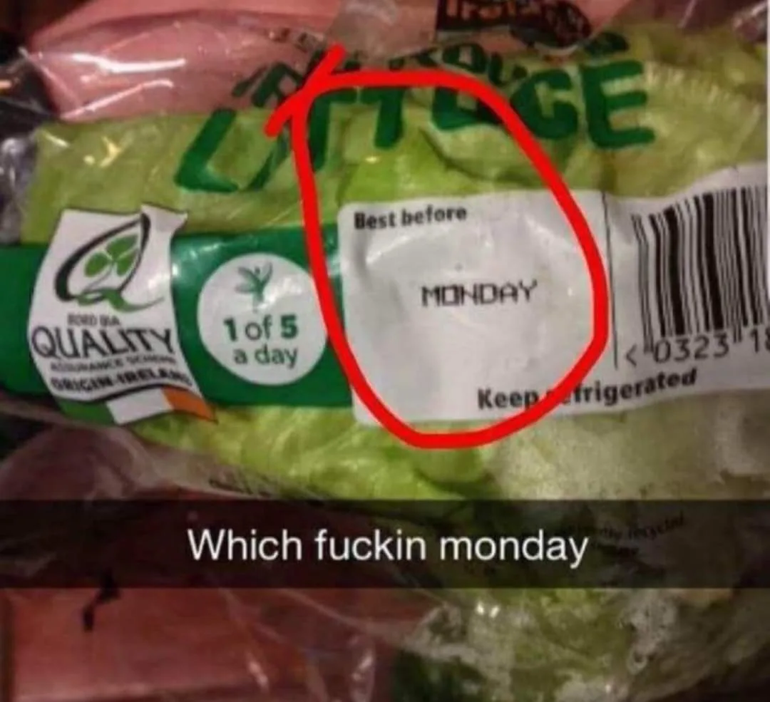 A close-up of a packaged head of lettuce with a red circle drawn around the 'Best before MONDAY' date label. The packaging…