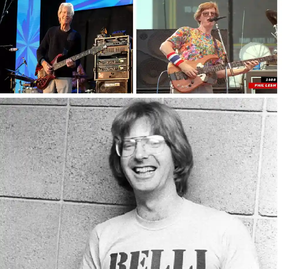 The image is a three-panel collage featuring musician Phil Lesh. The top-left panel shows an older Lesh playing bass on…