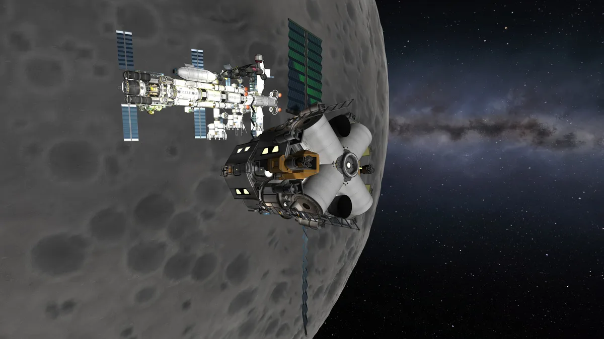 A detailed 3D rendering shows a large, complex space station with solar panels and modules orbiting the moon, set against a…
