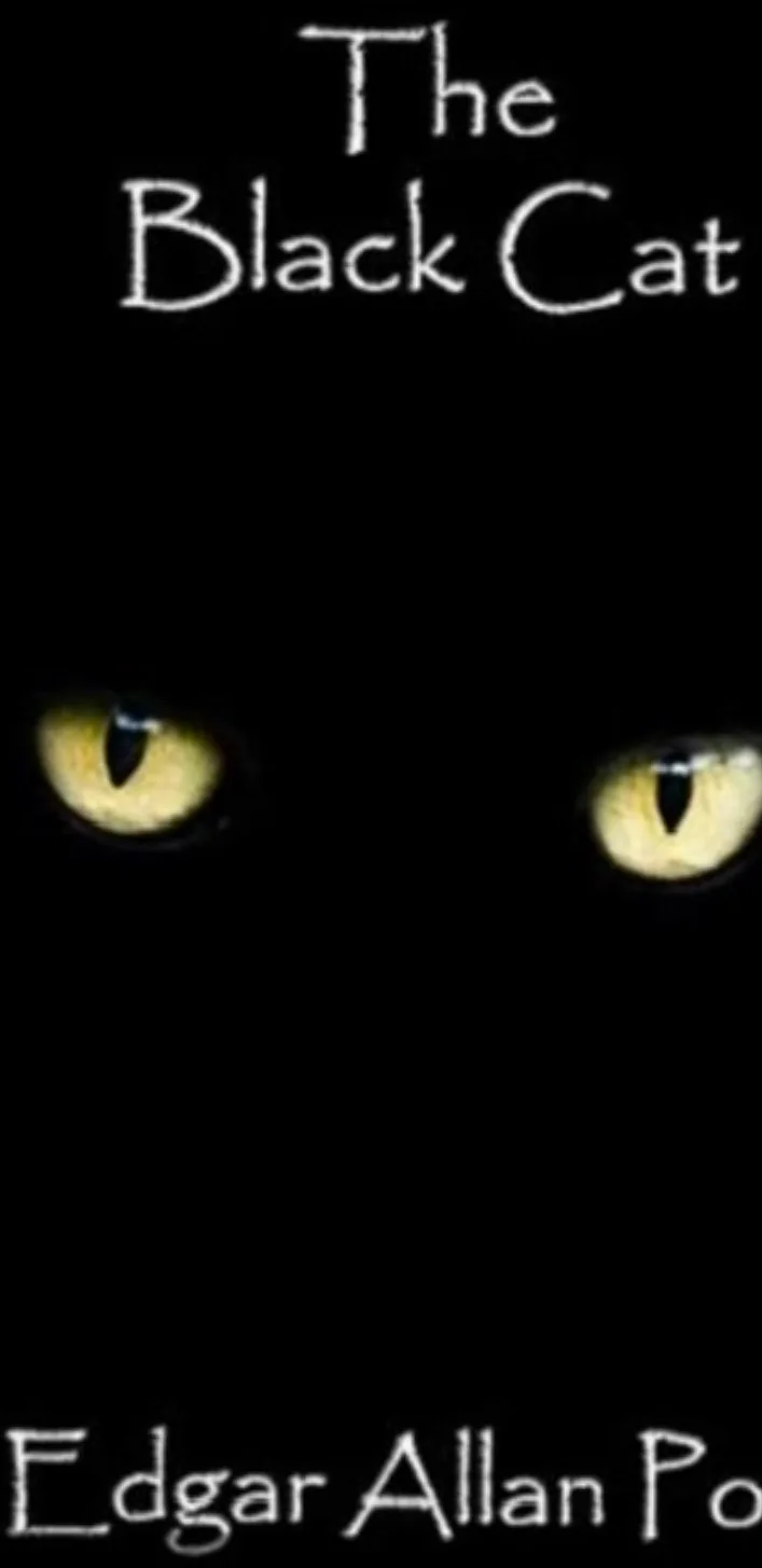 A dark image showing only the glowing yellow eyes of a black cat against a black background, with the title 'The Black Cat'…