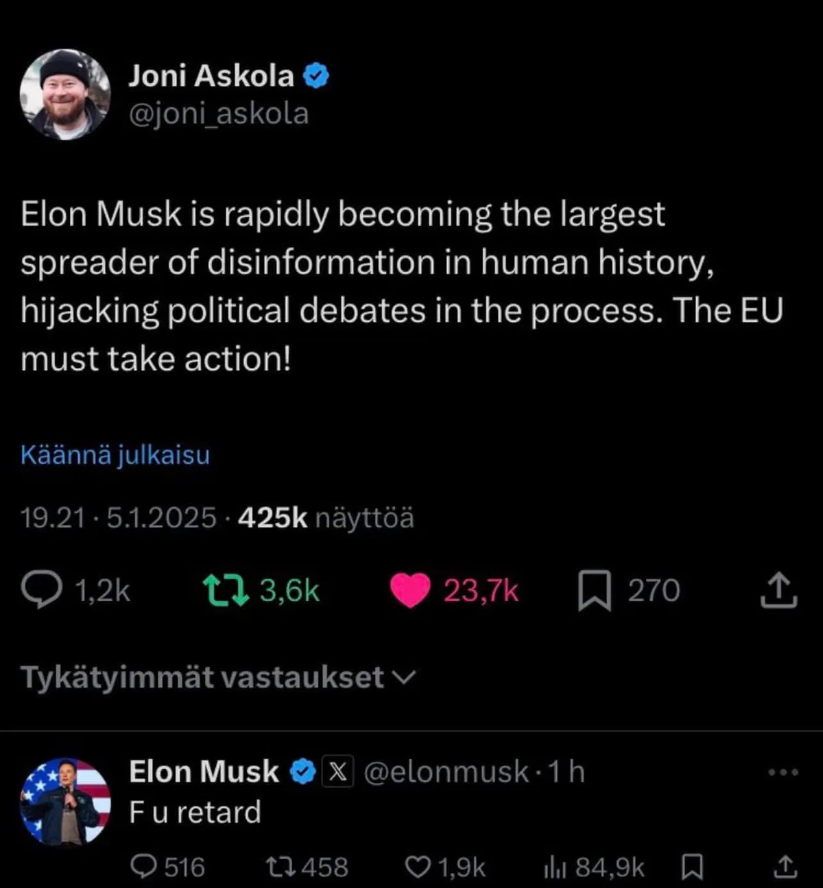 A screenshot of a Twitter/X post by Joni Askola, who claims Elon Musk is the largest disinformation spreader and calls for…