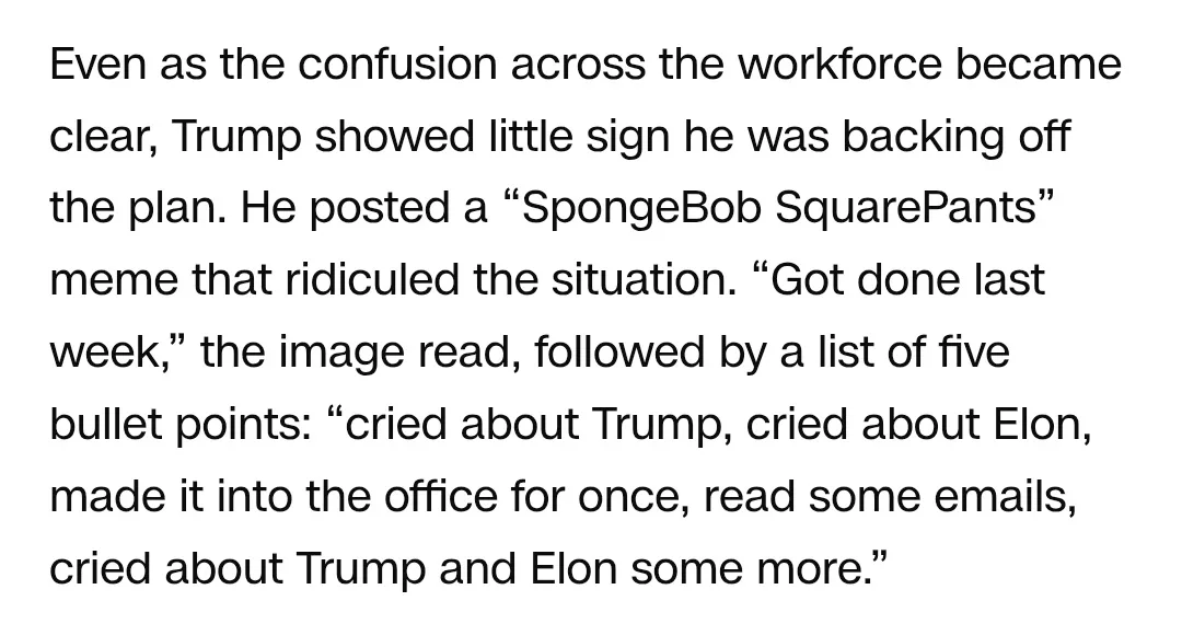 The image is a text-based meme featuring a list of bullet points overlaid on a background resembling a SpongeBob SquarePants…