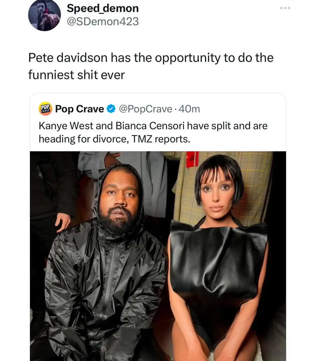 A screenshot of a tweet from 'Speed_demon' that reads 'Pete davidson has the opportunity to do the funniest shit ever' above…