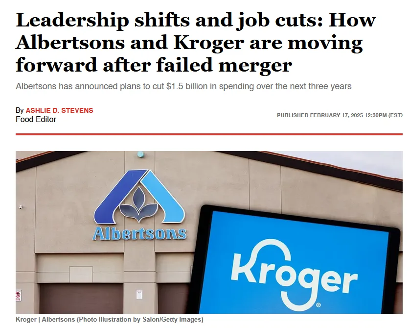 A news article screenshot shows the Albertsons logo on a beige building wall next to a digital screen displaying the Kroger…