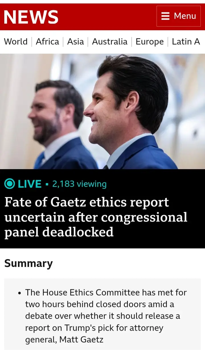 A screenshot of a news website shows two smiling men in suits, with overlaid text reading 'Fate of Gaetz ethics report…