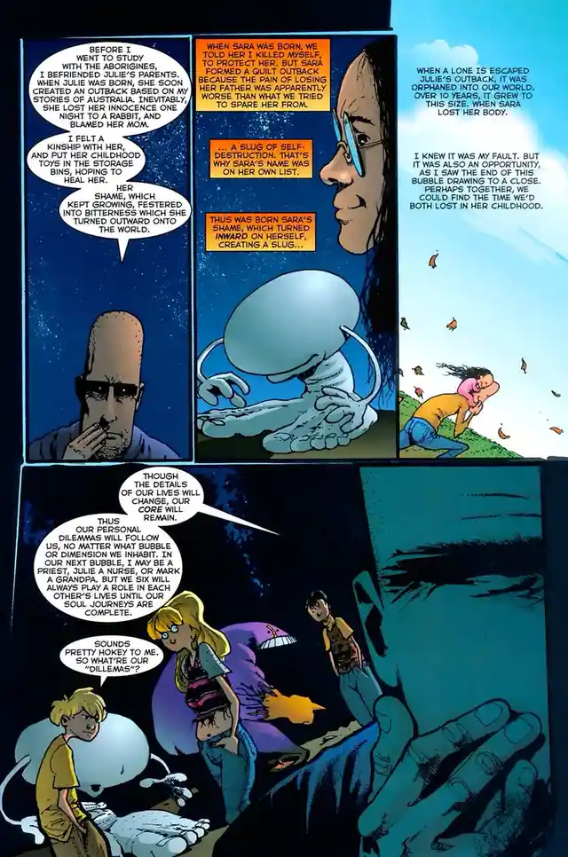 This comic page from 'The Sandman' depicts a somber narrative where characters reflect on trauma, shame, and personal…