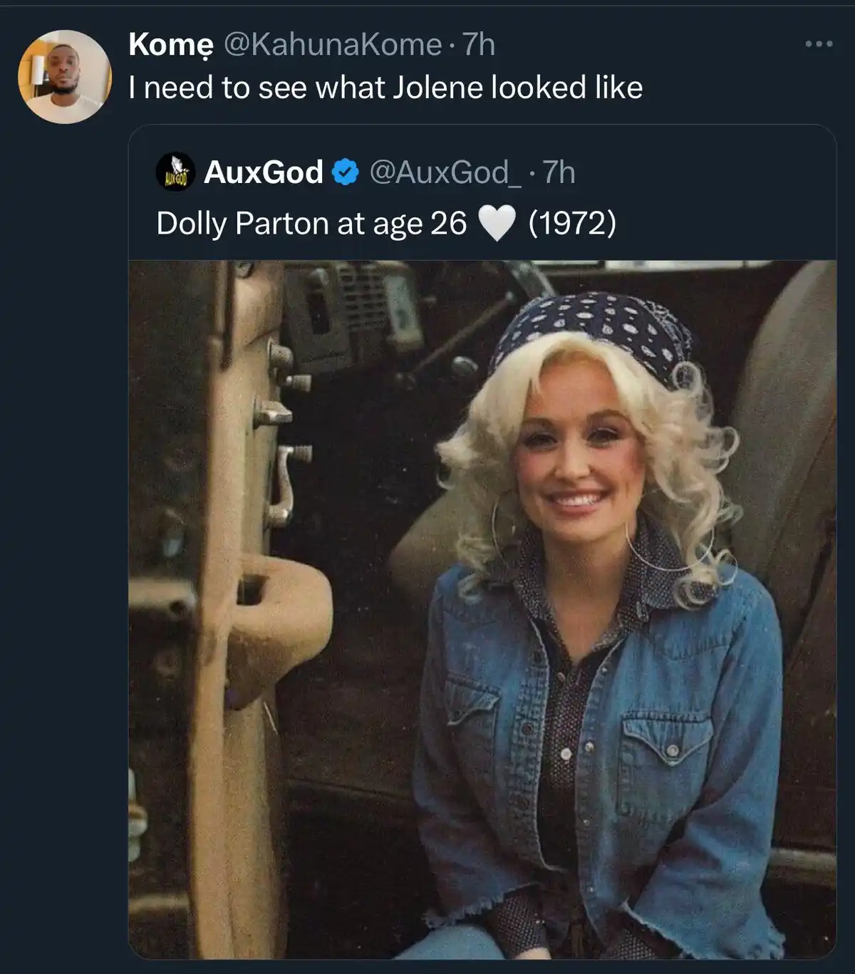 A screenshot of a Twitter thread shows user 'Kome' asking to see what 'Jolene' looked like. The reply from 'AuxGod' includes…