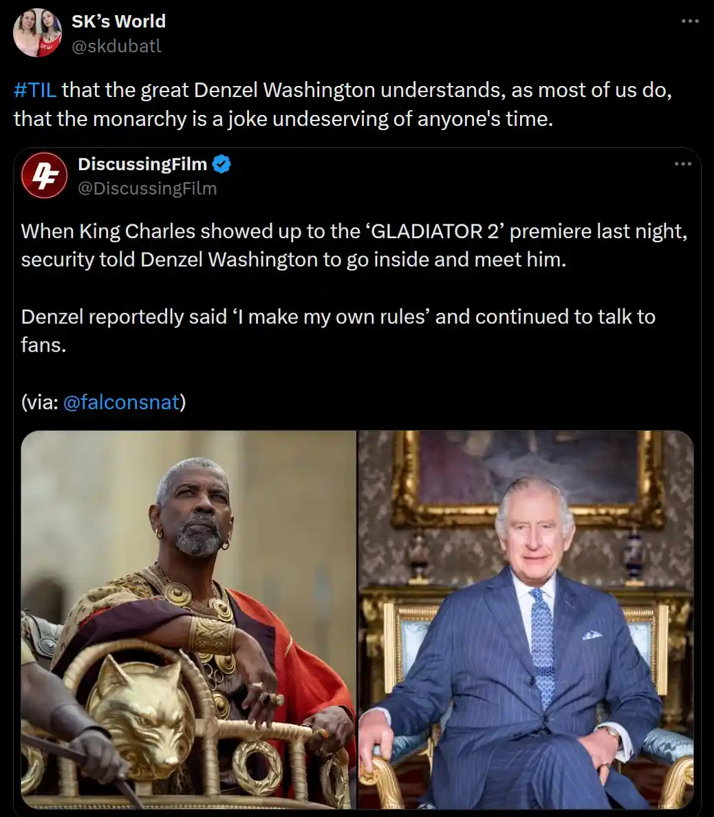 The image is a side-by-side comparison: on the left, Denzel Washington as a Roman emperor in a movie, looking regal and…