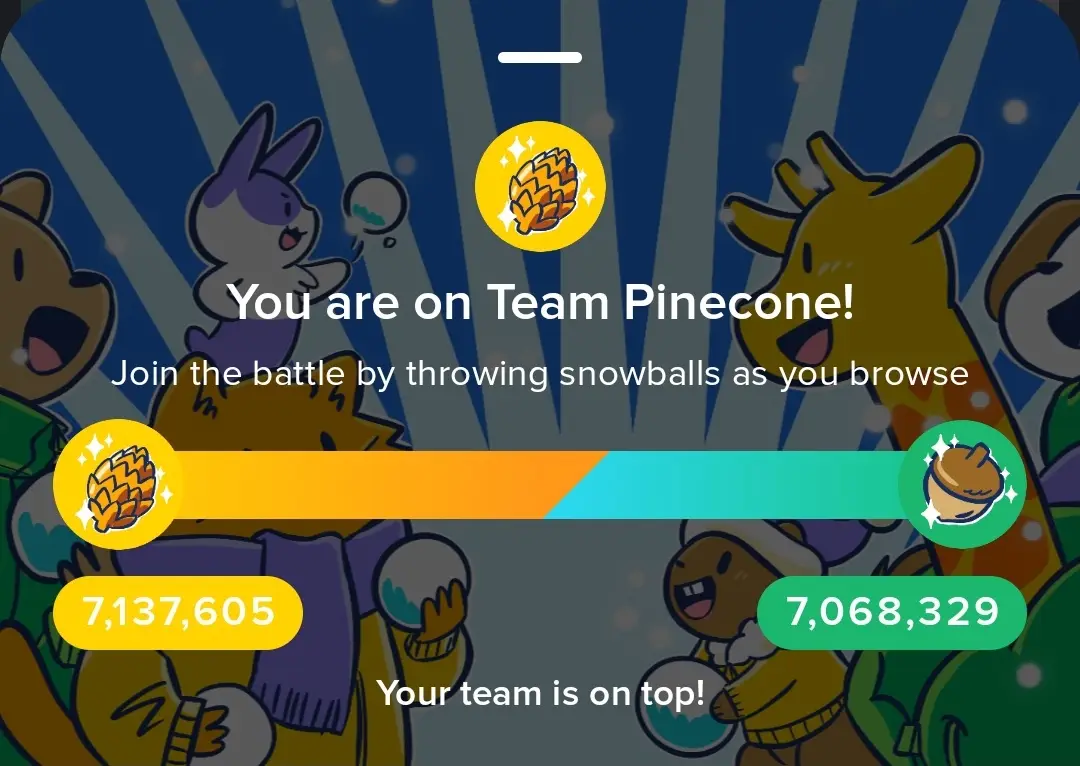 A screenshot from a mobile game shows a scoreboard with cartoon animals cheering. The player is on 'Team Pinecone' with…