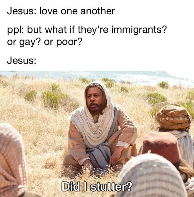 An image of a man in a robe sitting in a field, surrounded by other people, with text overlaid that reads 'Jesus: love one…