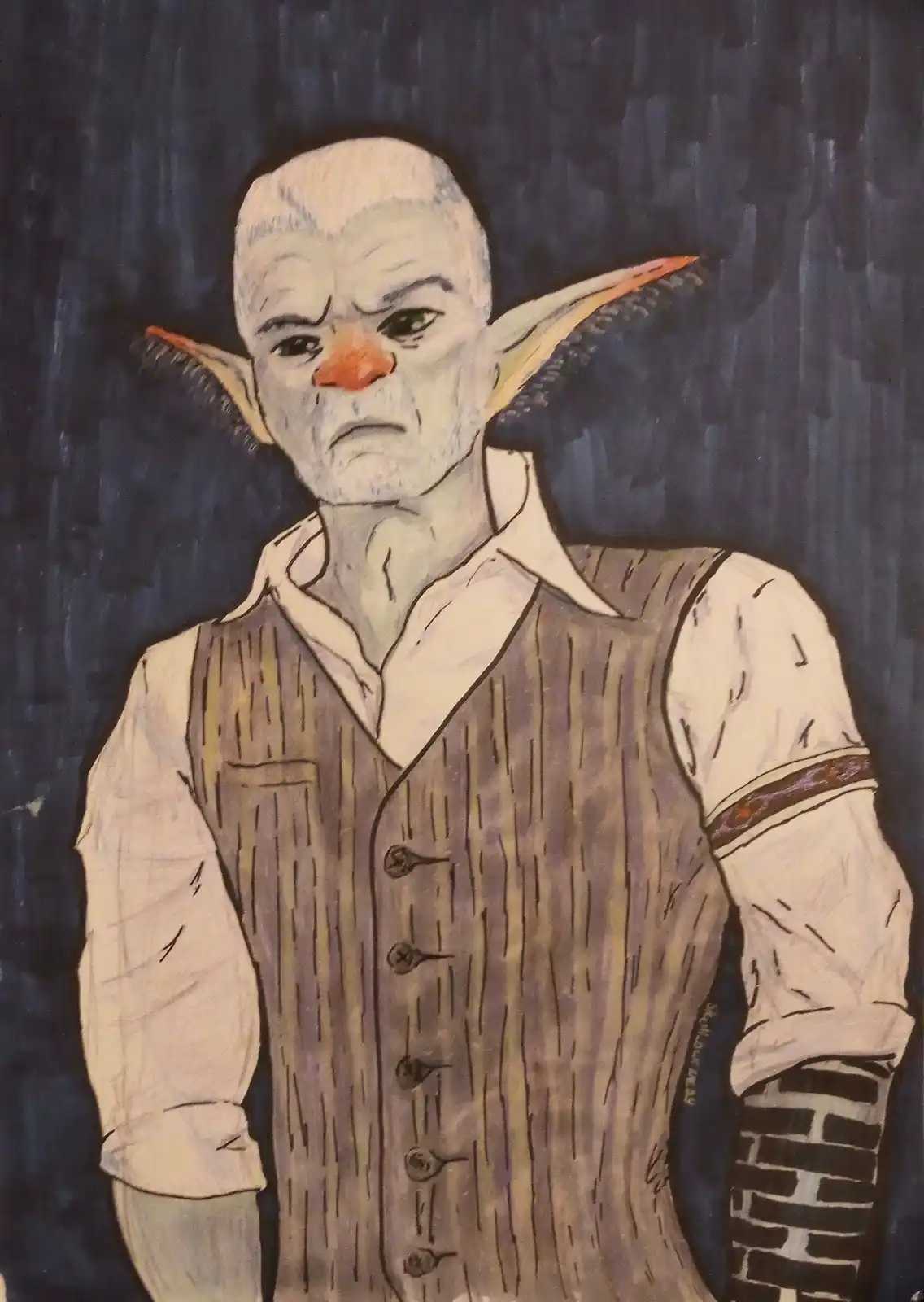 A hand-drawn portrait of a grumpy, bald goblin with pointed ears and a bright orange clown nose, wearing a vest over a shirt…