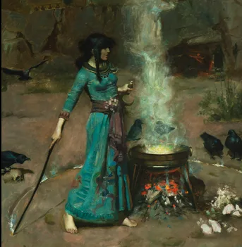 A woman in a teal robe stands beside a cauldron over a fire, holding a wand as steam rises. Several black birds are around…