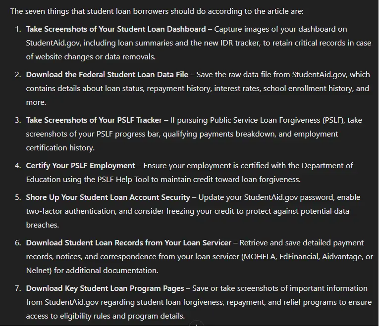 A black-background image displays a numbered list of seven practical steps for student loan borrowers, such as taking…