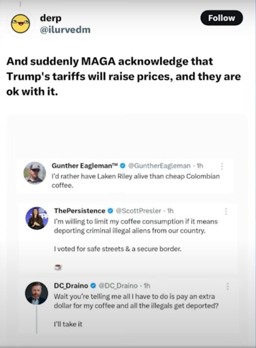 A screenshot of a Twitter thread shows a top tweet stating 'And suddenly MAGA acknowledge that Trump's tariffs will raise…