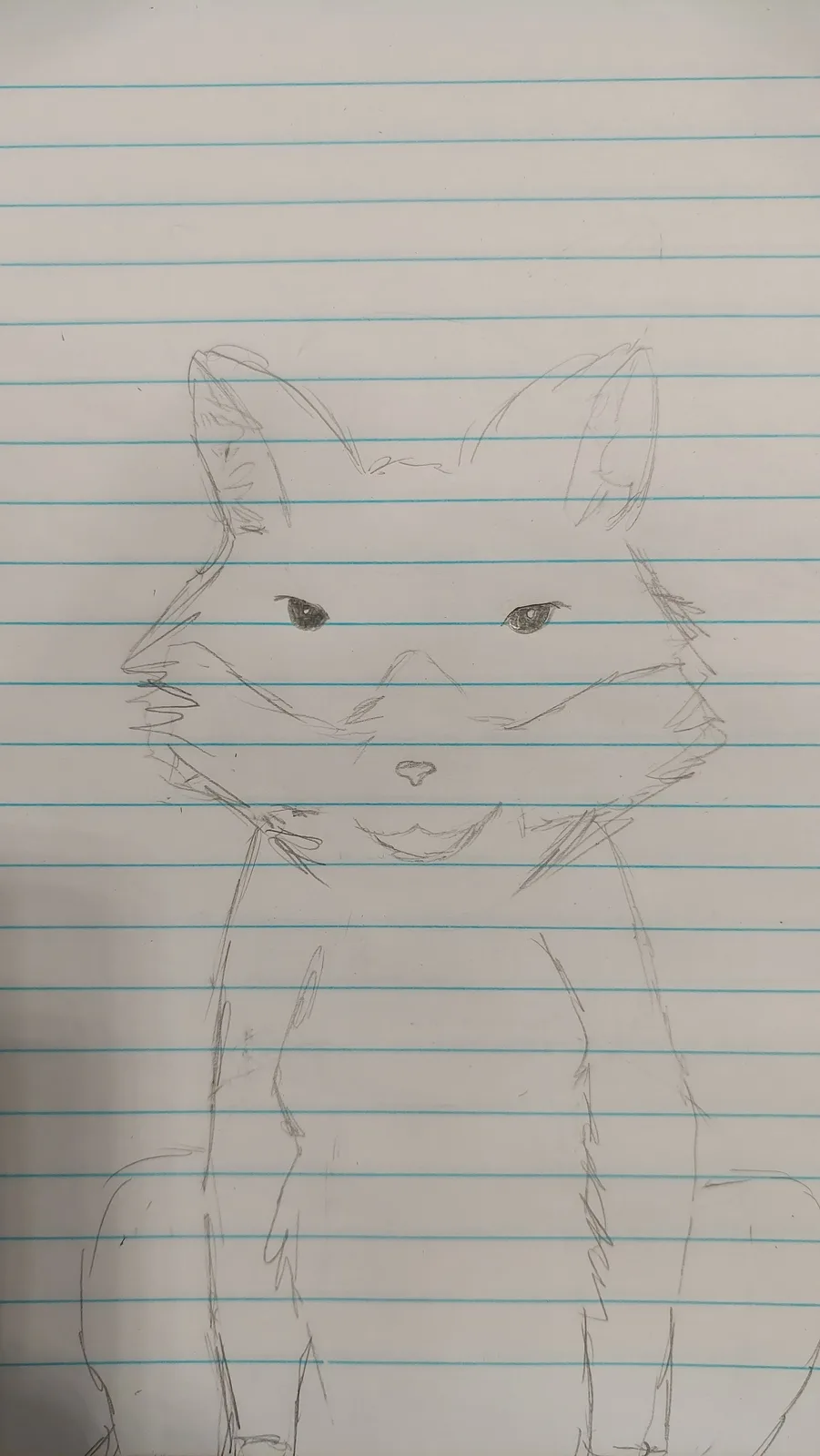 A simple pencil sketch of a fox's face and upper body on blue-lined notebook paper, featuring large eyes, a small nose, and…
