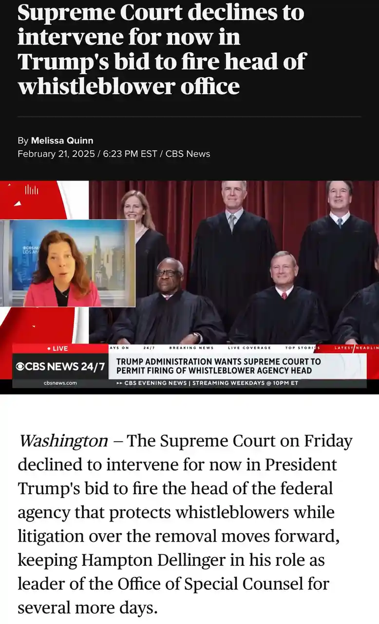 A screenshot of a CBS News article from February 21, 2025, featuring a photo of Supreme Court justices in black robes and a…
