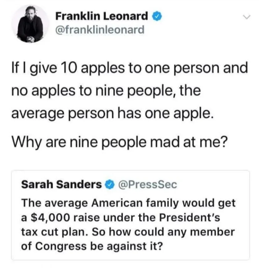 A screenshot of two tweets: the top one from Franklin Leonard asks why nine people are mad after giving 10 apples to one…