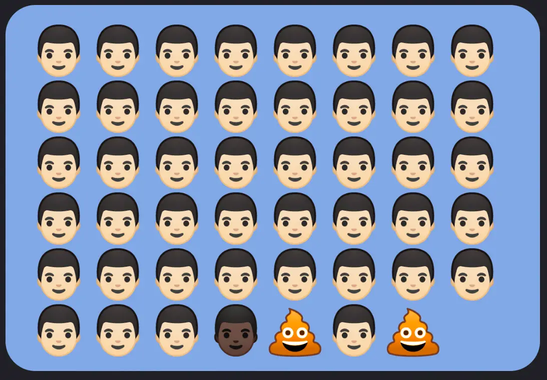 A grid of identical smiling male emoji faces on a blue background, with one dark-skinned male emoji and two smiling poop…