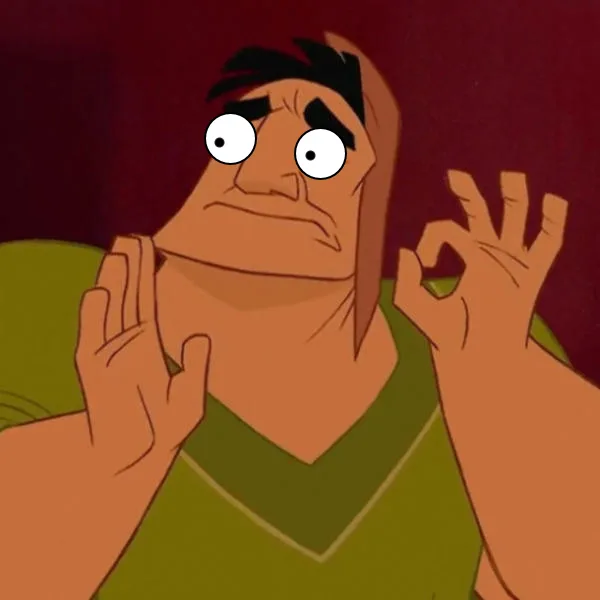 An animated character with wide, startled eyes and a worried expression, wearing a green tank top, makes an 'okay' hand…