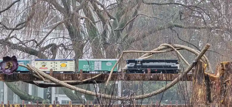 A model train with a black locomotive and colorful freight cars runs on a miniature wooden bridge, framed by bare tree…