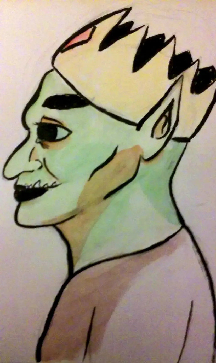 A hand-drawn cartoon depicts a green-skinned, spiky-haired figure with pointed ears and a mischievous grin, shown in…