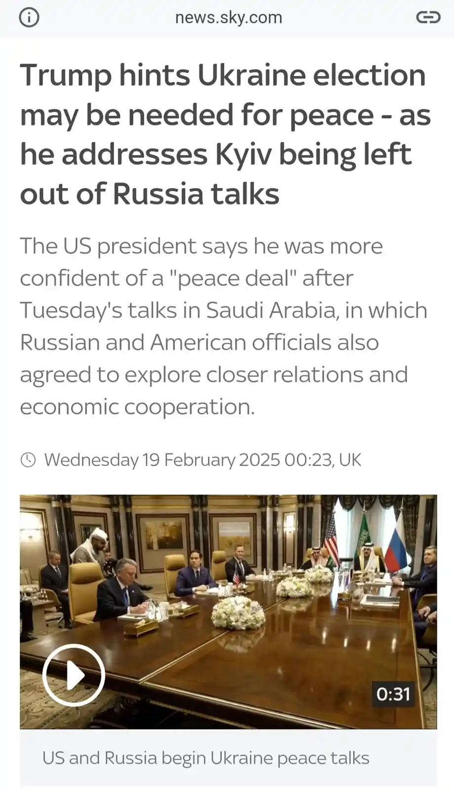 A screenshot of a news article from sky.com with a headline about Trump suggesting Ukraine might need elections for peace…