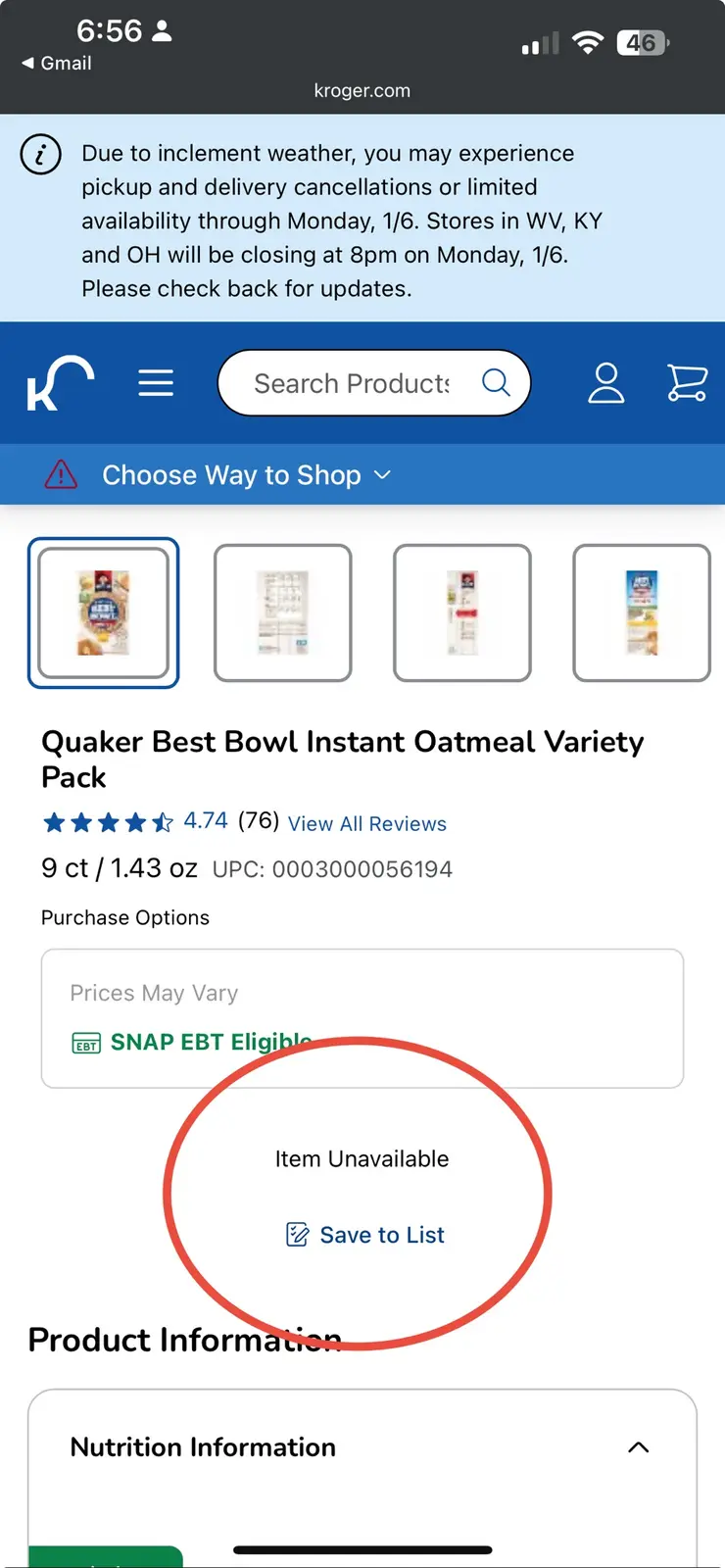 A screenshot of the Kroger.com mobile website shows a product page for Quaker Best Bowl Instant Oatmeal Variety Pack. The…