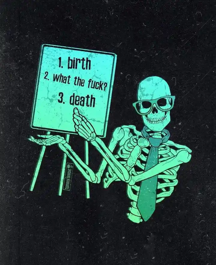 A teal-colored skeleton wearing sunglasses and a tie sits casually next to an easel holding a sign with three numbered…