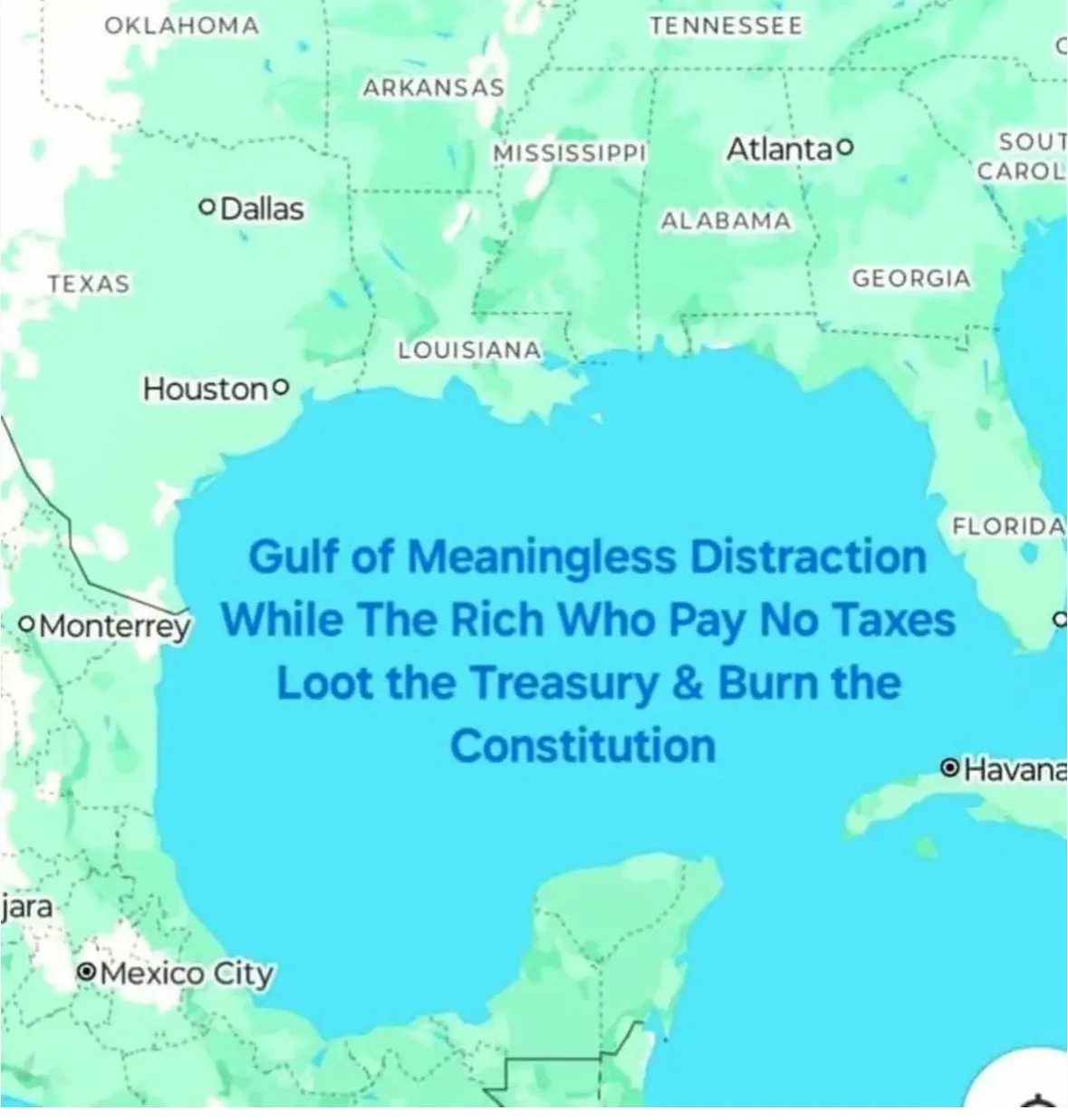 A map of the Gulf of Mexico and surrounding U.S. states and Mexican cities is overlaid with bold blue text that reads 'Gulf…