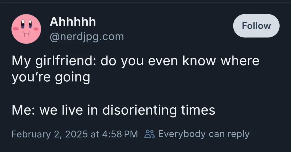 A screenshot of a social media post with a pink Kirby avatar and the username 'Ahhhhh' at @nerdjpg.com. The post reads: 'My…