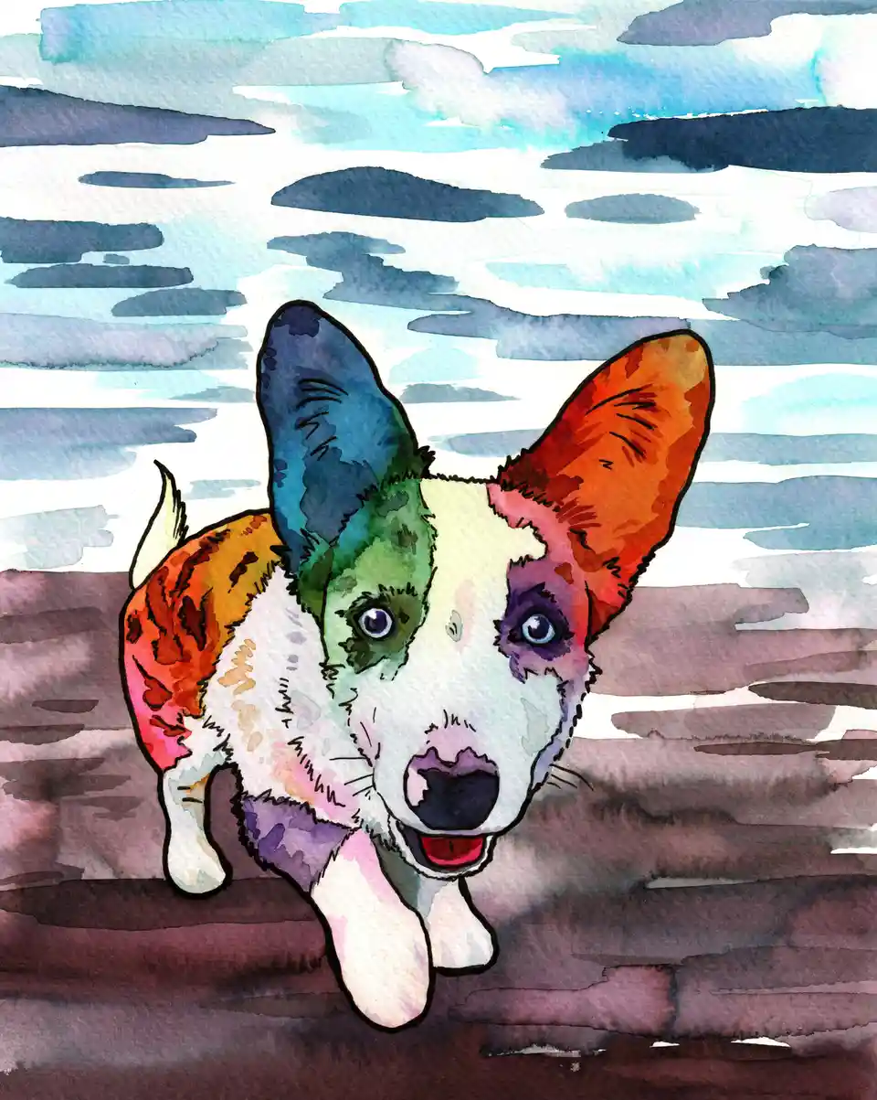 A watercolor painting of a corgi with its fur painted in vibrant, rainbow-like colors including blue, green, orange, and…