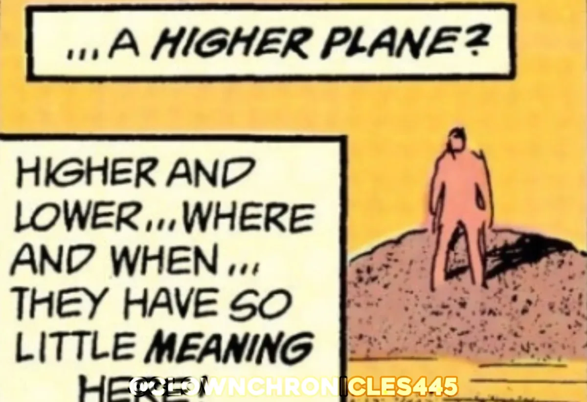 A comic panel shows a silhouetted figure standing atop a hill against a yellow sky. The top text bubble asks, '...A HIGHER…