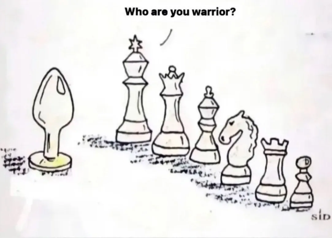 A simple black-and-white drawing shows a single condom standing on a base to the left, facing a line of standard chess…
