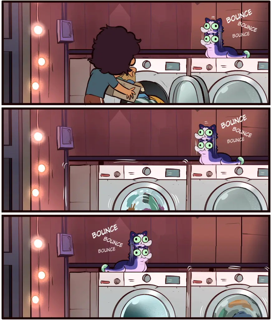 A three-panel comic shows a person loading laundry into a washing machine while a purple, cat-like creature with green eyes…
