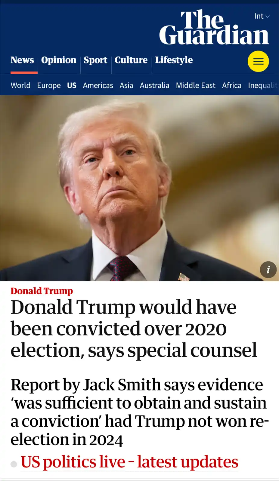 The image shows a screenshot of The Guardian's news website featuring a headline about Donald Trump. The headline reads…