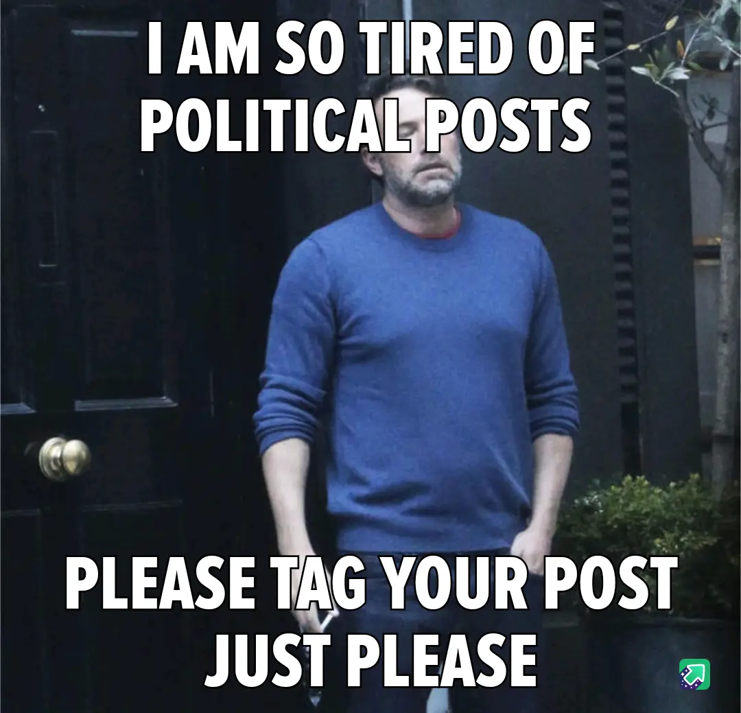 A man in a blue sweater stands outside a dark door with a weary, exasperated expression. White bold text overlays the image…