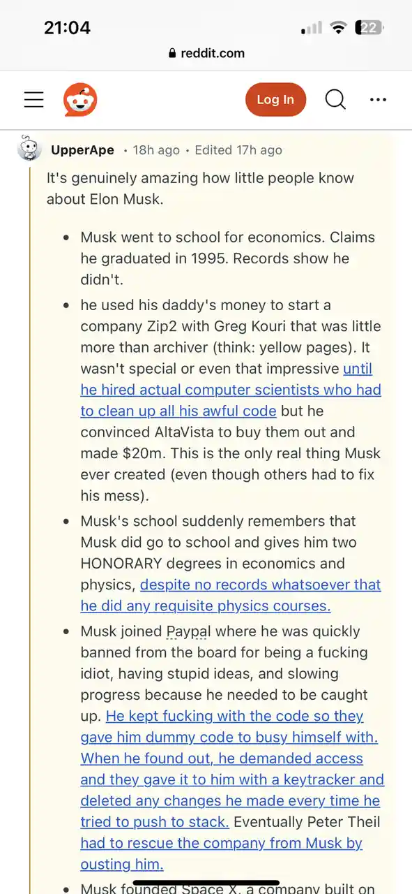 A screenshot of a Reddit post by user 'UpperApe' listing exaggerated and dubious claims about Elon Musk's educational and…